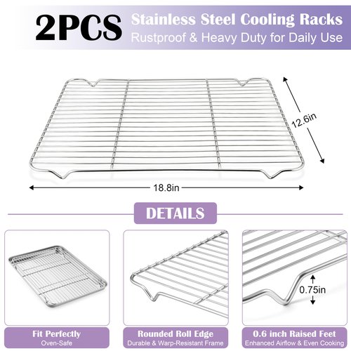 E-far Large Baking Sheet with Wire Rack (2 Pans + 2 Racks), 20 x 14 Inch Stainless Steel Cookie Pans Tray & Cooling Rack for Baking, Non Toxic & Heavy Duty & Rust Free, Oven & Dishwasher Safe