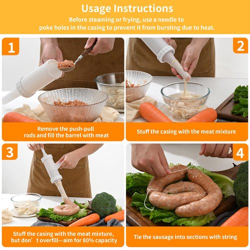 Luckyiren Manual Sausage Stuffer with 4 Stuffing Tubes, BPA-Free Plastic Meat Filler, 12/15/20/24mm Tubes for Natural, Collagen Casings, DIY Hot Dogs, Bratwursts