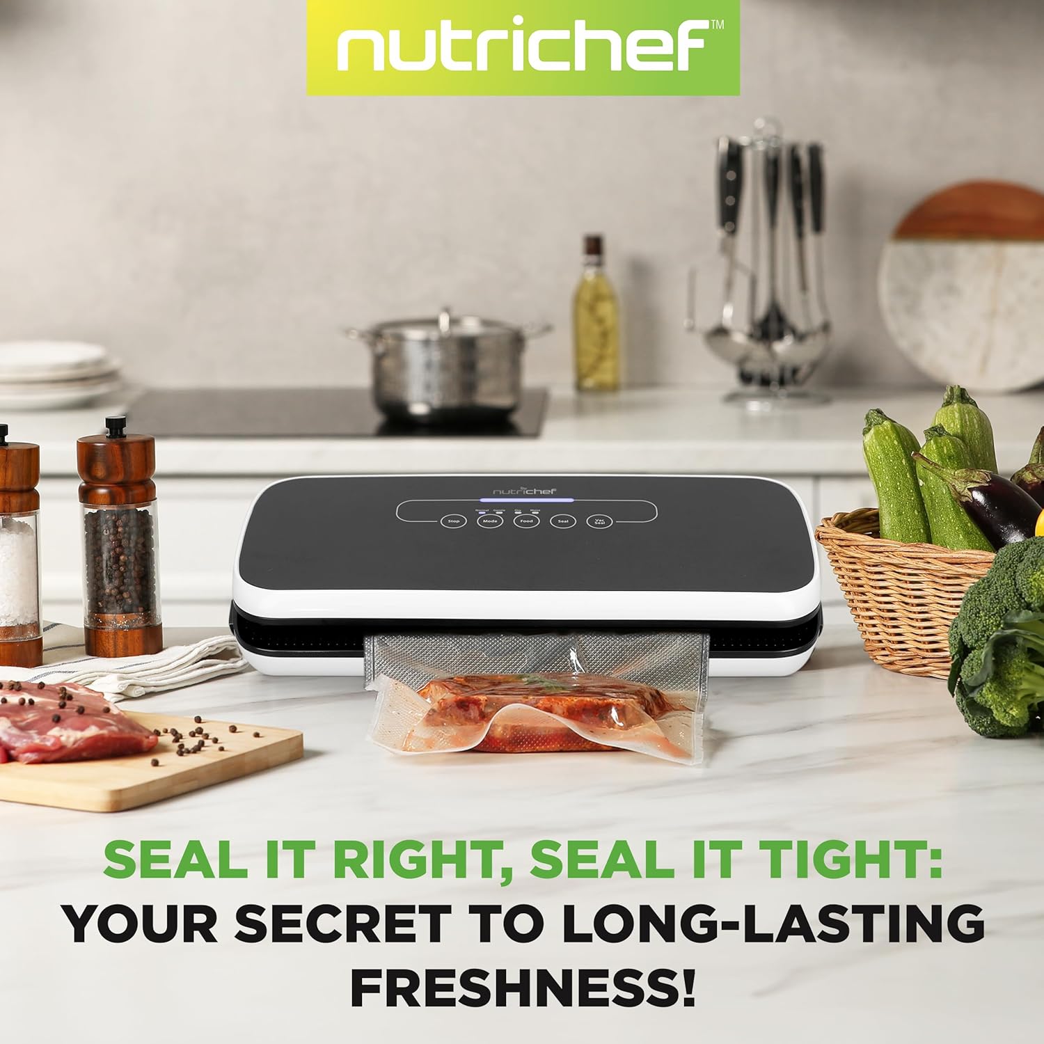 NutriChef Vacuum Sealing System - Automatic Food Preservation with Starter Kit | Compact Design, Black