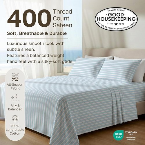 California Design Den 100% Cotton Twin Size Sheets Set - 400 Thread Count, Award-Winning Sateen Finish, Cape Stripe Blue