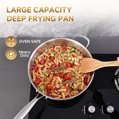 Inqibee Stainless Steel Saute Pan with Lid, 7 QT 12 Inch Tri-Ply Stainless Steel Deep Frying Pan, Large Skillet, Induction Compatible, All Cooktops, Oven & Dishwasher Safe