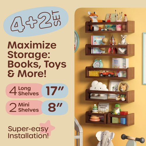 HOMEY PANDA Wall-Mounted Nursery Bookshelves - 4 Long + 2 Mini Shelves, Kids Room Storage (Walnut Pine Wood)