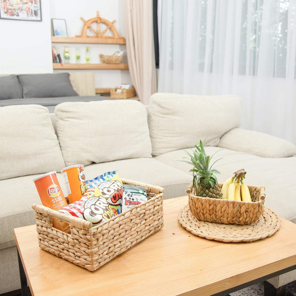 VATIMA Medium Wicker Basket - Stylish Hyacinth Design with Handle | Perfect for Living Room Decor (13.6x9.5x5.6")