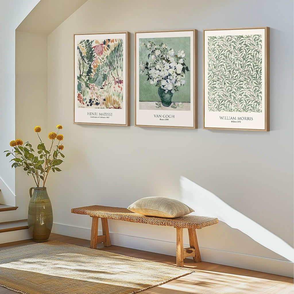 Van Gogh Framed Large Canvas Wall Art - Vintage Sage Green Botanical Prints | 3-Piece Set, 16x24 Inch
