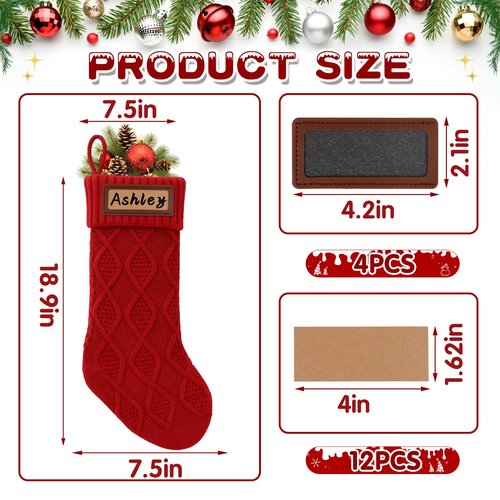 Personalized Christmas Stockings Knitted 4 Pack: Large Knit Christmas Stockings Set of 4, Custom Name with Leather Patches White Red Green Bulk Family Xmas Stocking Hanging Decorations for Home, 18''