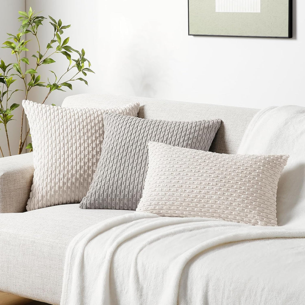 Softalker Throw Pillow Covers - Set of 2 Soft Corduroy Boho Stripe 18x18 Inch Decorative Covers | Beige for Farmhouse Decor