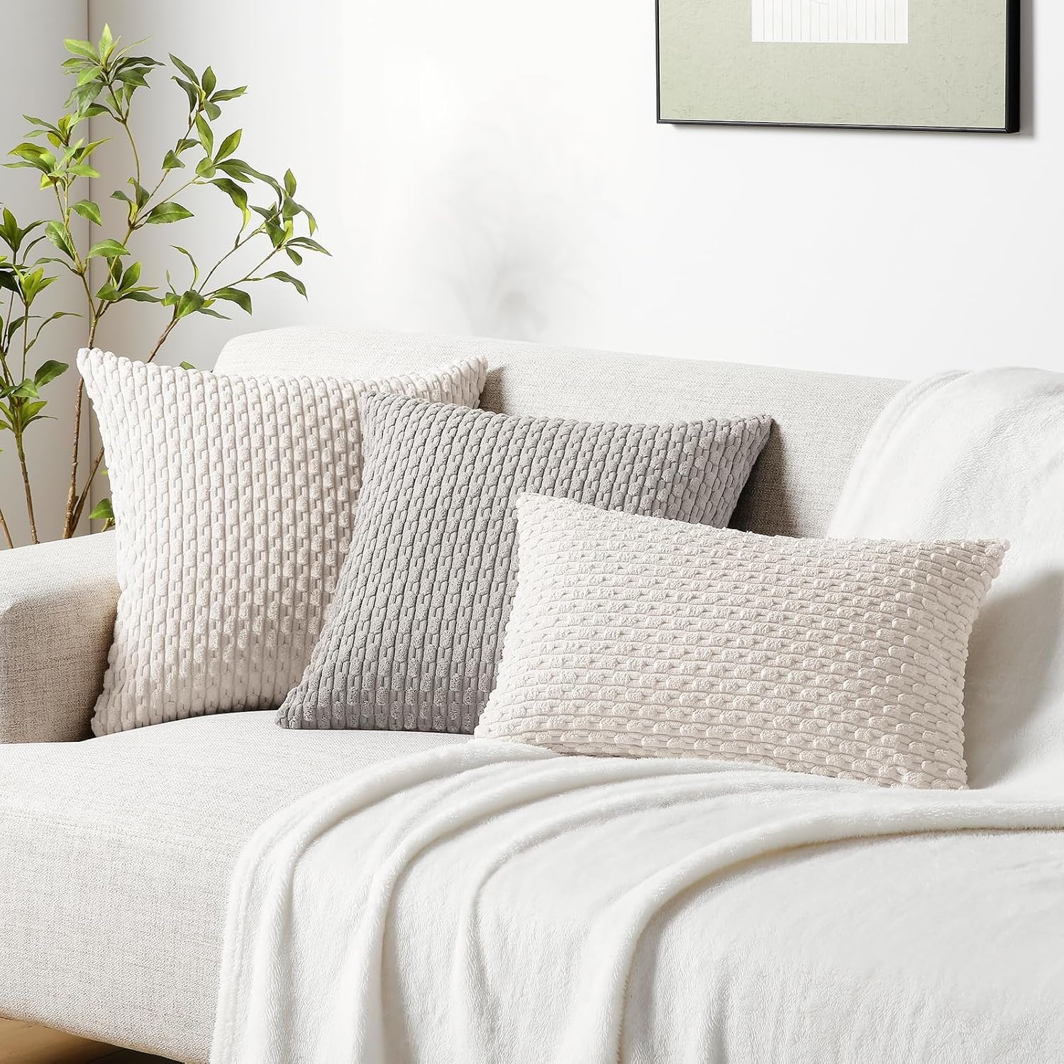 Softalker Throw Pillow Covers - Set of 2 Soft Corduroy Boho Stripe 18x18 Inch Decorative Covers | Beige for Farmhouse Decor