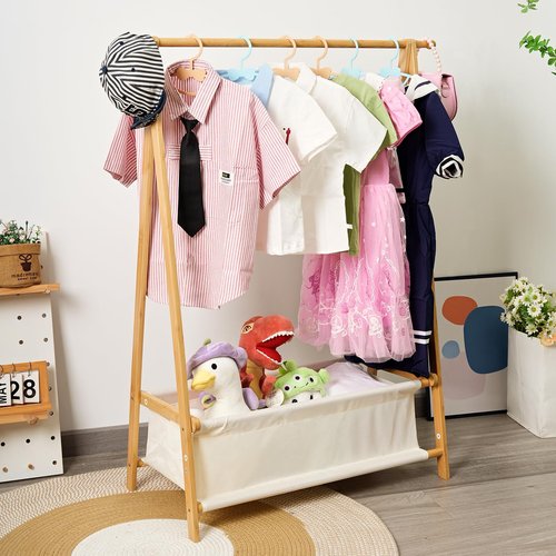 Bamnestor Bamboo Kids Clothing Rack with Storage Box - Foldable,Kids Dress Up Rack with Hooks & Rod, Organize Dress Up Storage & School Uniforms, Perfect for 4-13 Year Olds