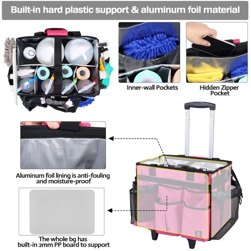 Timoxi Extra large Rolling Cleaning caddy bag Built-in Hard Support Board,Cleaning Cart with Detachable Trolley, Housekeeping Cleaning caddy with Adjustable Shoulder Strap and Multiple Storage Pockets