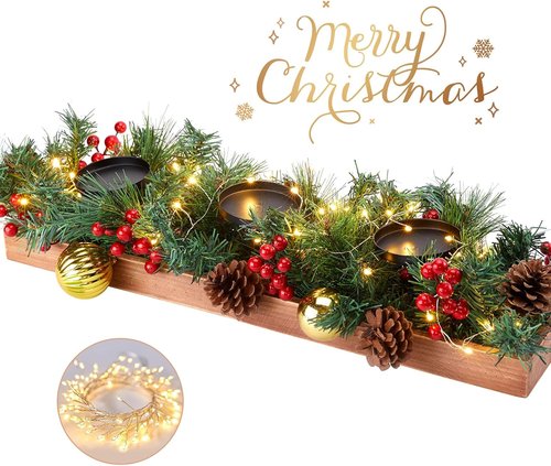 Brightown Foldable Wooden Box - Includes Fairy Lights, Pine Cones & Ornaments | 23.6" for Christmas Decor