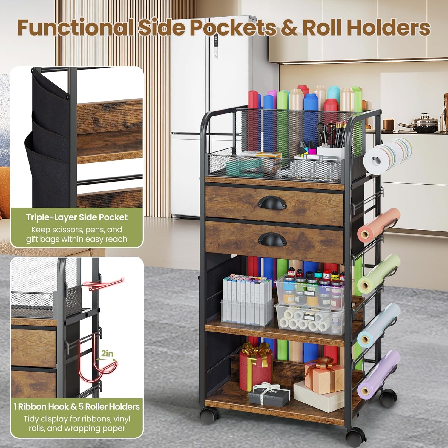 Wrapping Paper Storage Cart - Rolling Organizer with 2 Fabric Drawers & Side Pockets | Lockable Wheels for Gift Bags & Ribbons