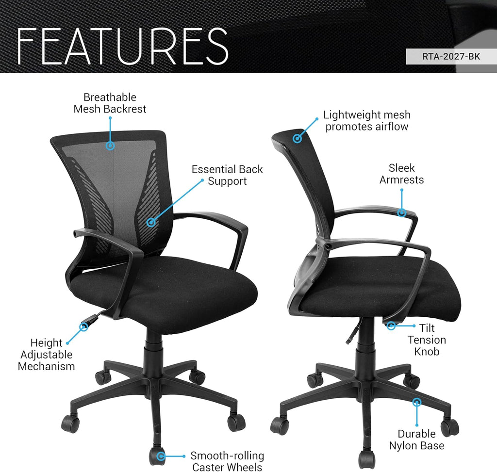 Techni Mobili Ergonomic Black Mesh Office Chair - Adjustable Height & Lumbar Support for Home Office