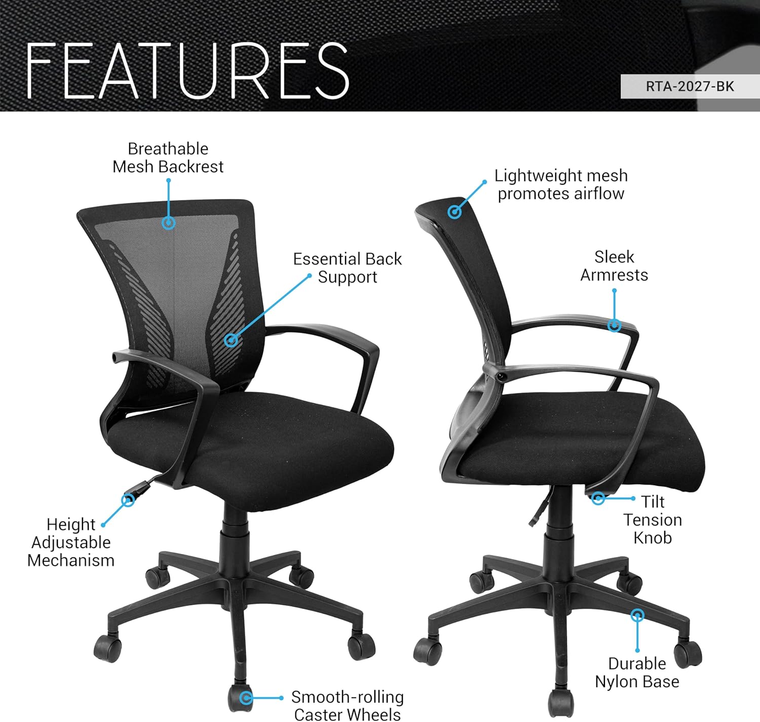 Techni Mobili Ergonomic Black Mesh Office Chair - Adjustable Height & Lumbar Support for Home Office