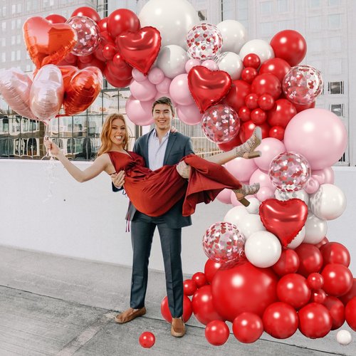 Valentines Red Pink White Balloons Arch Garland Kit, Valentine's Day Love Balloons Red Pink Heart Balloons for Women Girls Romantic Valentine Galentines Day Birthday Bridal Shower Party Decorations