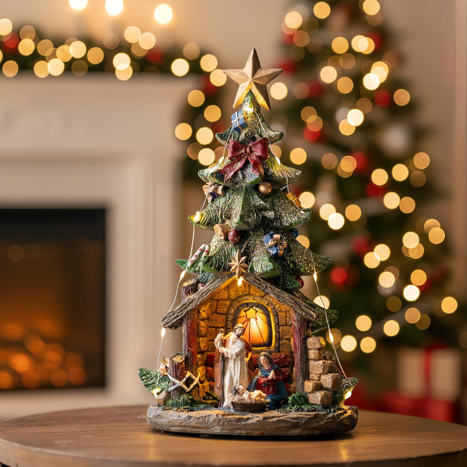 VISFLAIR 12'' Lighted Nativity Scene - Musical Holy Family Figurines with LED Lights for Holiday Decor