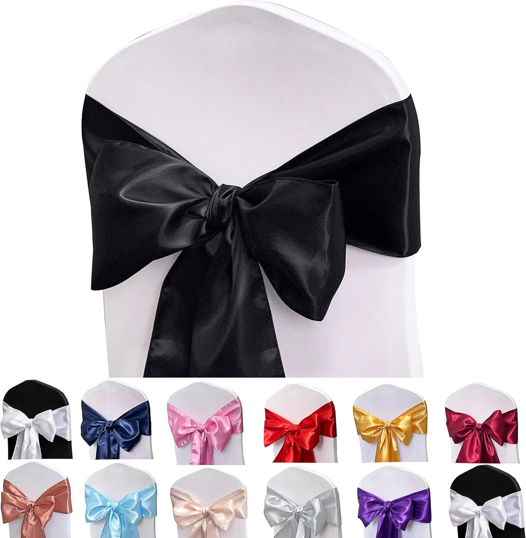 Skiennix Satin Chair Sashes - 12PCS Elegant Ribbon Ties for Weddings & Events | Black