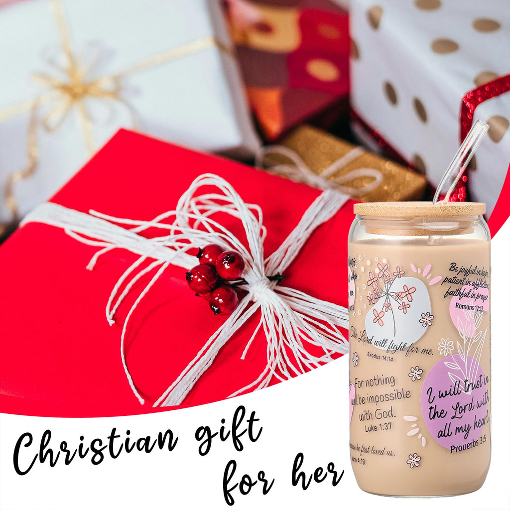 Xelewooz Christian Gifts for Women – 16oz Bible Verse Coffee Mug, Daily Bible Affirmations Glass Tumbler with Straw – Inspirational Religious Coffee Cup for Birthday, Mother’s Day, or Faith Lovers