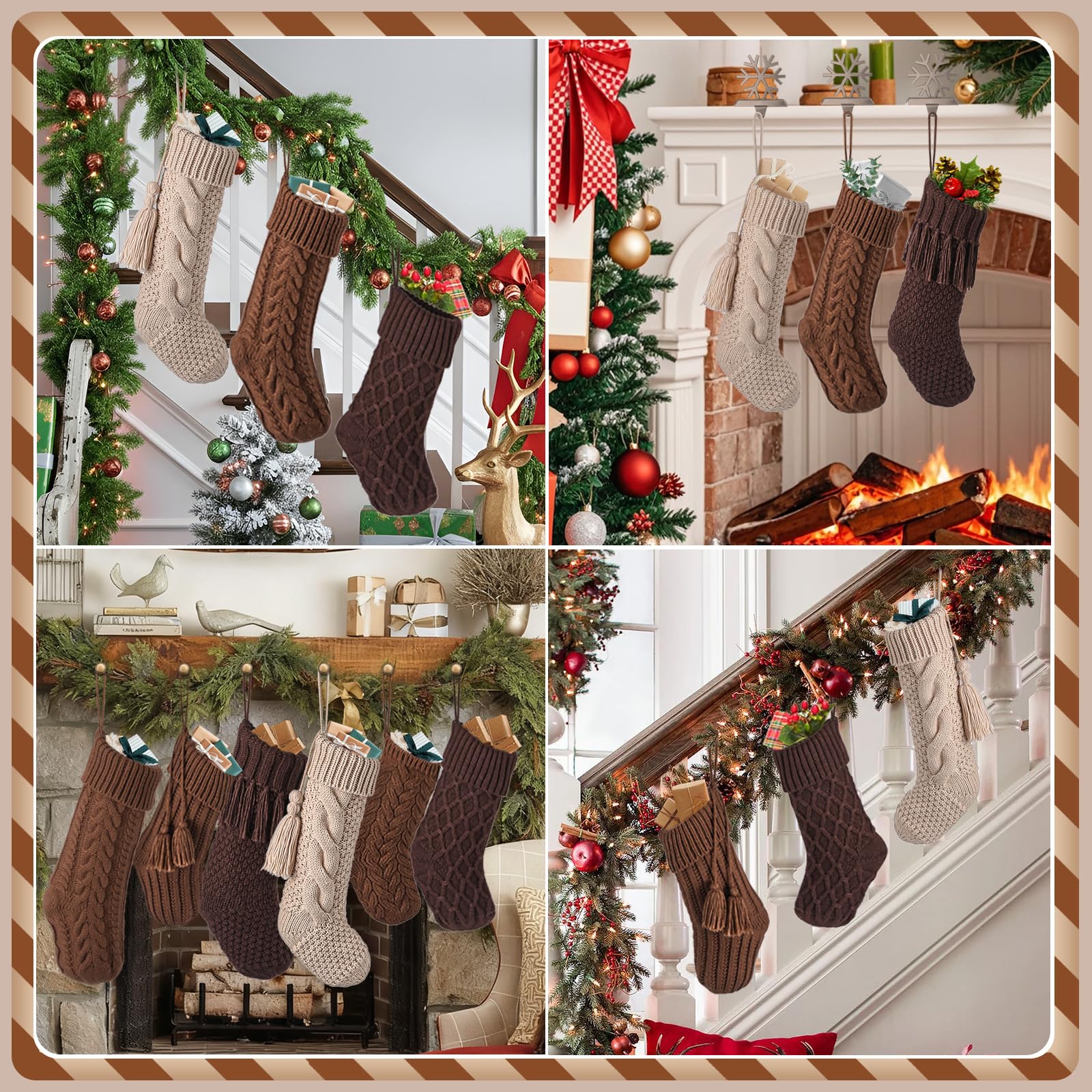 steo spce 6 Pack Vintage Knit Christmas Stockings – White Beige Apricot Rustic Boho Farmhouse Cable Knitted Holiday Set, 3 Large 18” and 3 Small 15” Neutral Stockings (Brown Color)