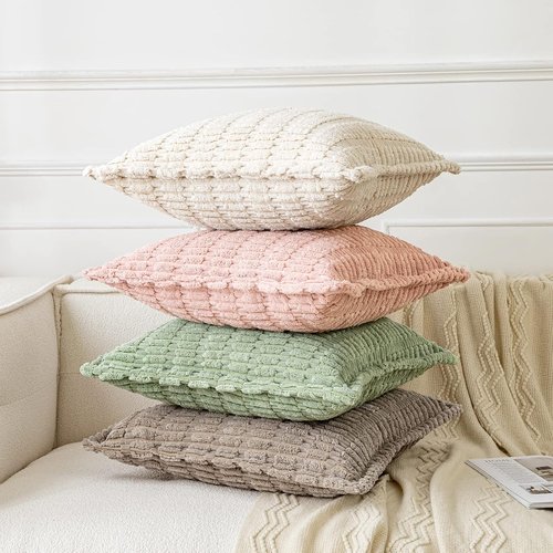 MIULEE Cream White Corduroy Throw Pillow Covers - Soft Striped Design | Set of 2, 18x18 Inch for Modern Boho Decor