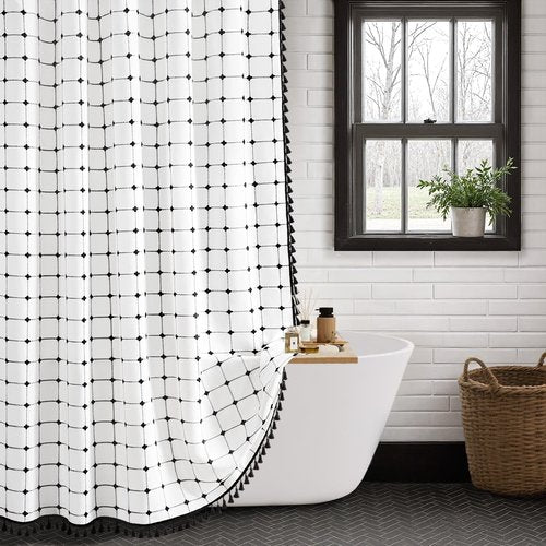 NDDYCU Black and White Shower Curtain Boho Linen Fabric with Embroidered Plaid Pattern and Tassels for Bathroom,72" W×72" L
