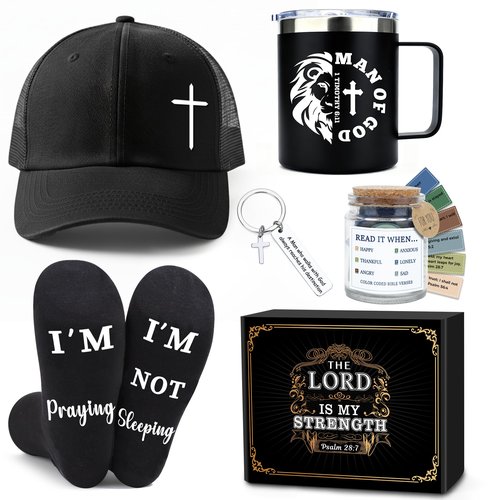 Christian Gifts for Men Faith Based Spiritual Stuff Religious Basket Catholic Present Baptism Gifts Pastor Appreciation Gift Set Christian Accessories for Men with Bible Verse Keychain Mug Socks