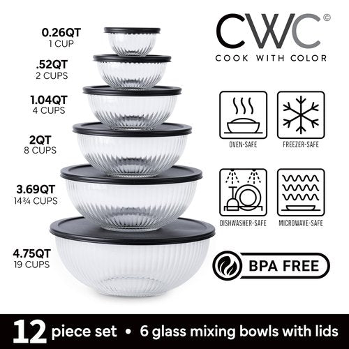 COOK WITH COLOR 12 Pc Glass Mixing Bowl Set with Lids – Borosilicate Glass Nesting Bowls for Cooking, Baking and Meal Prep, Fluted Black