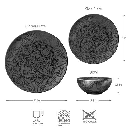 bzyoo 12 Piece Black Melamine Dinnerware Set - Durable, Dishwasher Safe Black Plates and Bowls - Ideals for Parties, Camping Dish Set La La Mandala