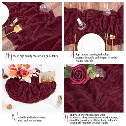 16 Pack Burgundy Table Runners 10FT Cheesecloth Table Runner Boho Gauze Table Runner Long Rustic Sheer Fabric Table Runners for Wedding Party Bridal Shower Farmhouse & Home Decor