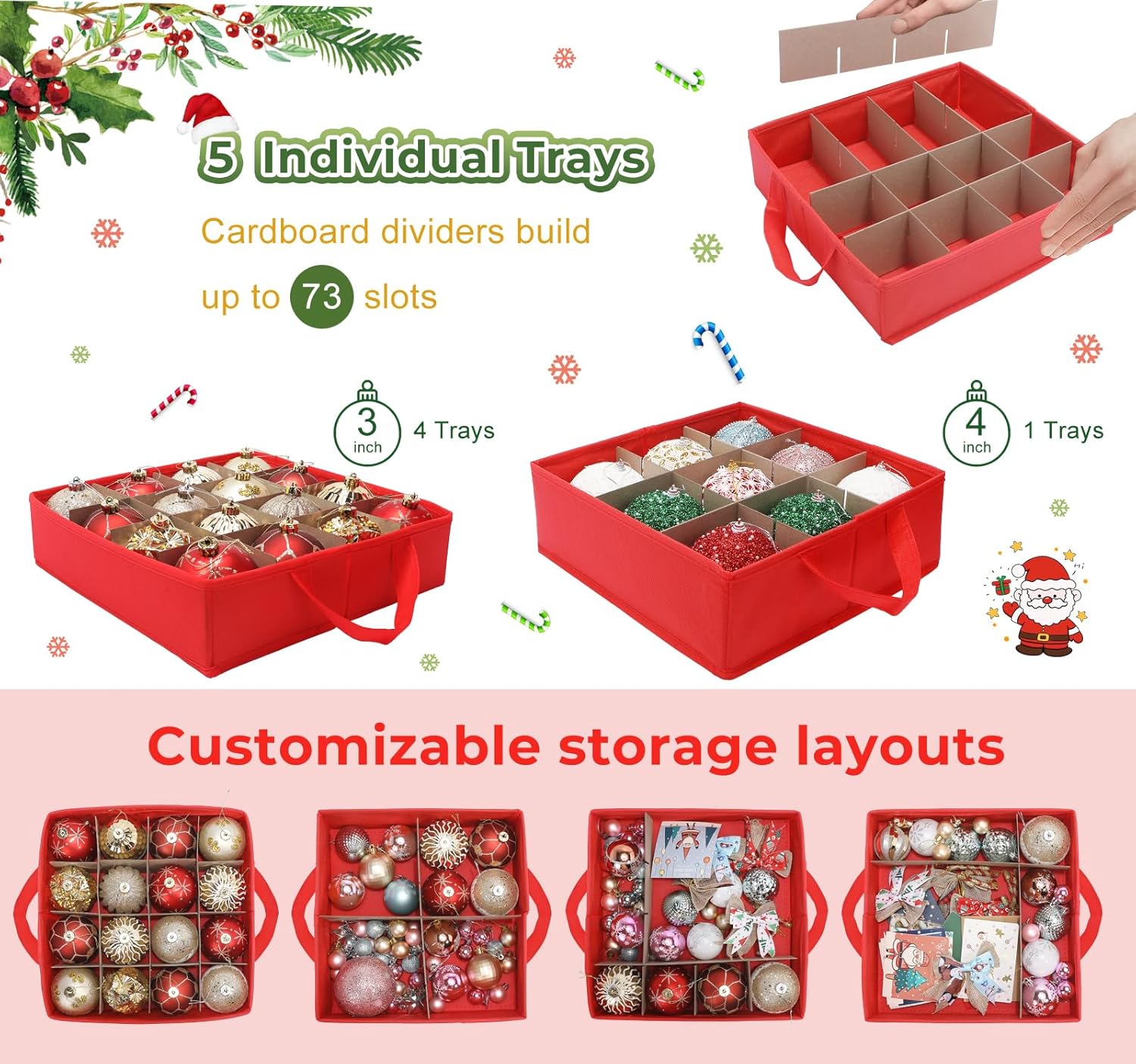 Skiennix Premium 2-in-1 Christmas Ornament Storage Box - Adjustable Dividers & 5 Trays for 73 Ornaments