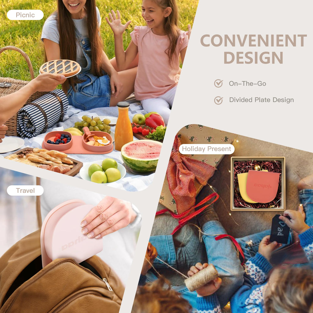yahaa Silicone Foldable Novelty Dinner Plates, Baby Plates Travel Essential with Forks and Spoons, Microwave & Dishwasher Safe, Blush