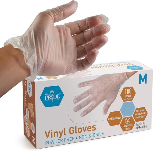 Med PRIDE Vinyl Gloves - Medium Box of 100 | 4.3 Mil Thick, Powder-Free, Heavy Duty for Healthcare & Food Handling