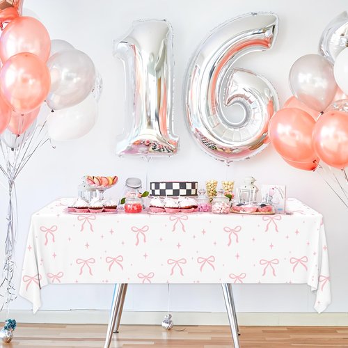 Maniaacer 2 PCS Pink Bow Tablecloth Bow Theme Plastic Table Cover Rectangle Coquette Disposable Party Tablecloth for Women Girls Birthday Bridal Bachelorette Party Decor