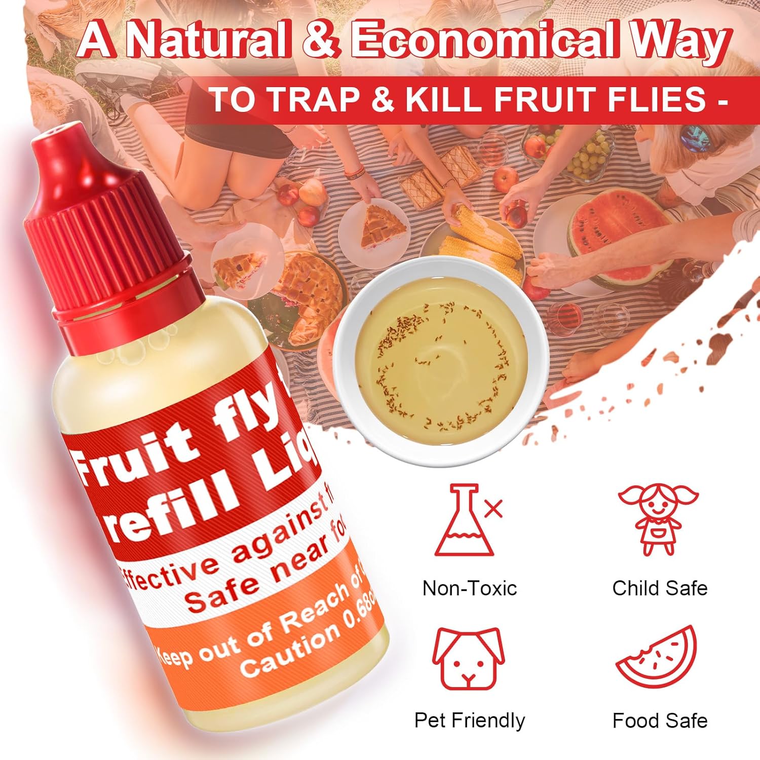 Qualirey Fruit Fly Trap Refill Liquid - Non-Toxic & Effective Indoor Solution | 0.68oz Bottle, Red