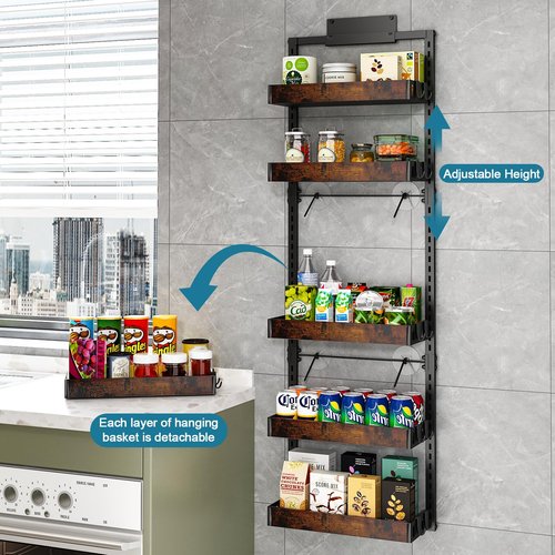 bukfen Over the Door Pantry Organizer, 6-Tier Adjustable Wooden Basket Kitchen Pantry Door Organization and Storage, Heavy-Duty Metal Hanging Kitchen Spice Rack, D6.3 x W17.71 x H50.60 inch, 1 Pack