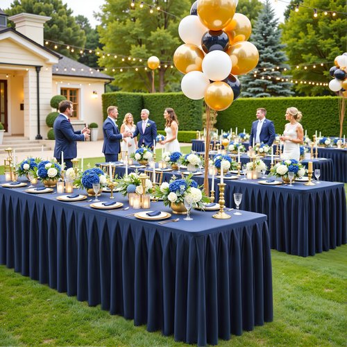 2 Pack Navy Blue Rectangle Tablecloth 8 FT Stretch Spandex Fitted Table Cloth for 8 Foot Rectangle Tables Banquet Tablecloths Wrinkle Free Table Cover Skirt Stitch Ruffle Tablecloth for Party Wedding
