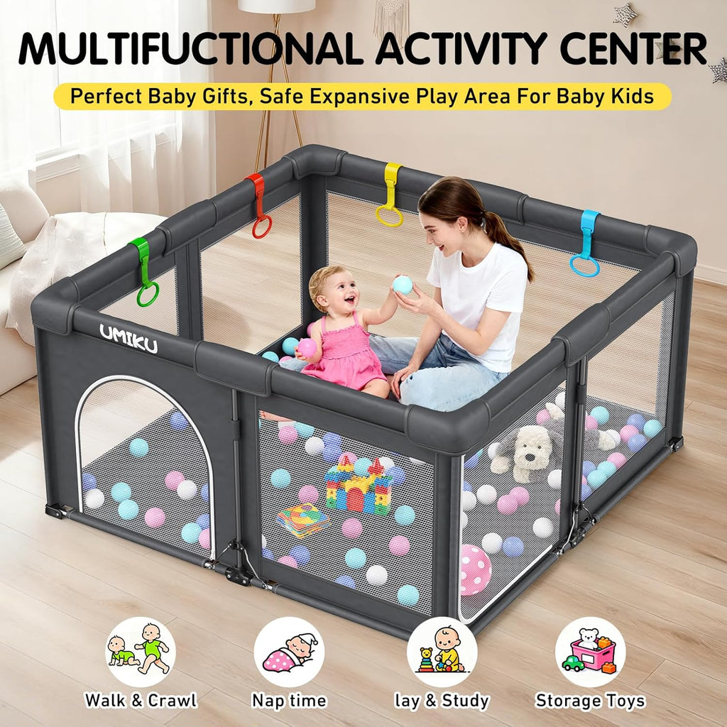 Skiennix Foldable Baby Playpen - Large Portable Play Yard for Toddlers | Indoor/Outdoor Use, 50"X50", Dark Grey