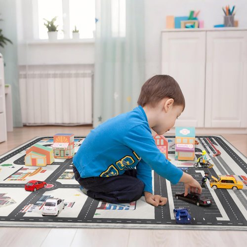 5x7ft Kids City Road Car Play Rug - Non-Slip Faux Wool Carpet with Interactive City Map Design, Educational Toy Vehicle Mat for Kids, Bedroom Playroom Nursery Gift.