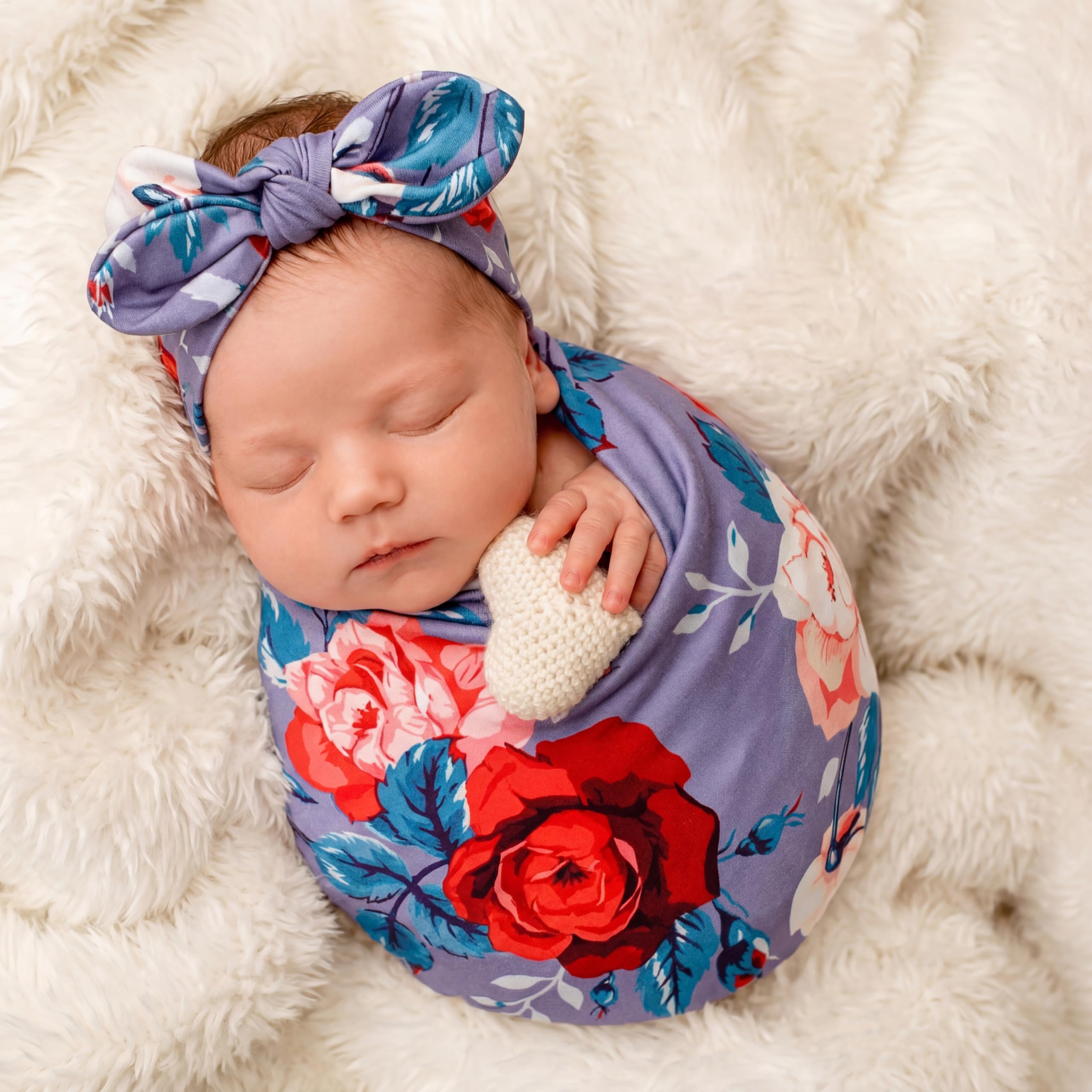 Moukeren 4 Sets Newborn Receiving Blanket Headband Set Baby Flower Swaddle Infant Sleepsack Nursery Blankets for Warm Shower Gifts, 4 Design