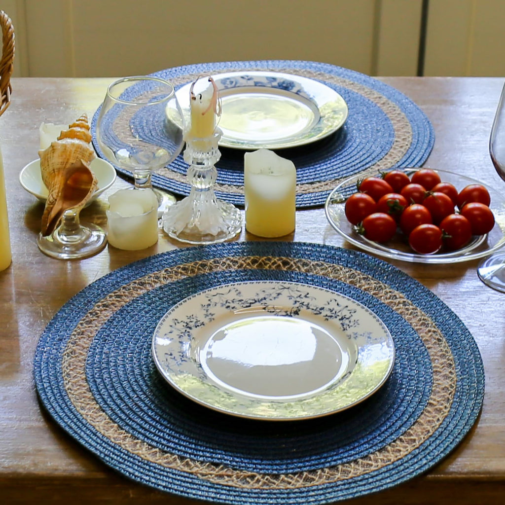 AHHFSMEI Round Paper and Jute Braided Placemats Set of 6 Non-Slip Heat Resistant Table Mats for Dining Tables Indoor & Outdoor Place mats for Daily Use (Blue,6)