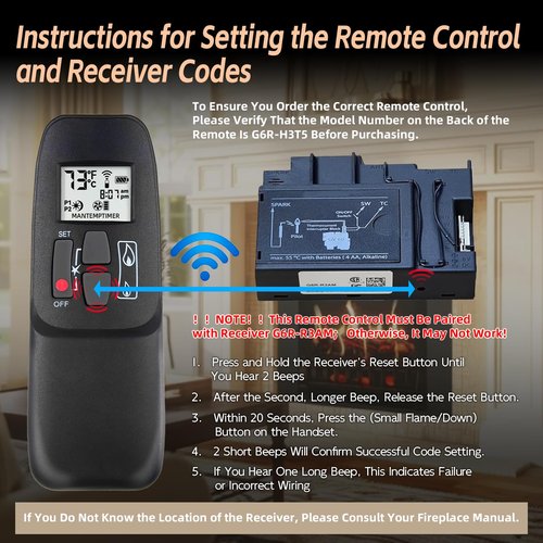 G6R-H3T5 Fireplace Remote Control Compatible with Maxitrol GV60 G6R-R3AM Control Module Receiver, Fit for Valor, RH Peterson/Real Fyre, Empire etc Fireplaces, Replace # R11576 GS-G6R-H3T5 AT-01V-2