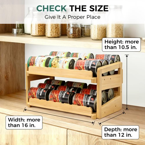 MinBoo Adjustable Can Organizer Rack, Two Tier Bamboo Stackable FIFO Cans Dispenser, Modern Style, Countertop, Assembly Required, Anti Shedding