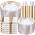SUT 350 Pcs Gold and Clear Plastic Dinnerware Set for 50 Guests, Include: 50 Dinner Plates, 50 Dessert Plates, 50 Pre Rolled Napkins With Silverware, 50 Cups, Disposable Plates for Party, Wedding
