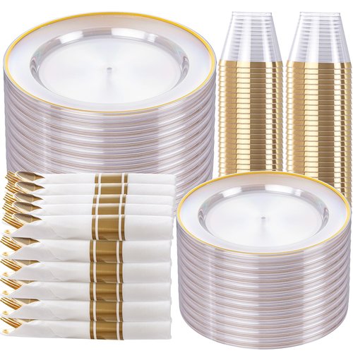 SUT 350 Pcs Gold and Clear Plastic Dinnerware Set for 50 Guests, Include: 50 Dinner Plates, 50 Dessert Plates, 50 Pre Rolled Napkins With Silverware, 50 Cups, Disposable Plates for Party, Wedding