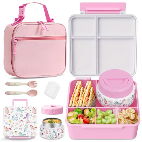 FAJSL Bento Box for Kids with Thermo Food Container (9oz), 4-Compartment Lunch Box, Adjustable Divider, Leakproof Bento Lunch Box, Includes Utensils & Carry Bag for School, Office(White-Horse)