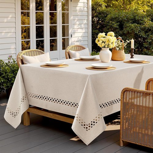 MIULEE Beige Rectangle Linen Polyester Tablecloth with Decorative Cutouts Spring Waterproof Stain Resistant & Shrink-Proof Table Cloth 60x144 inch Farmhouse Style for Dining Wedding and Outdoor