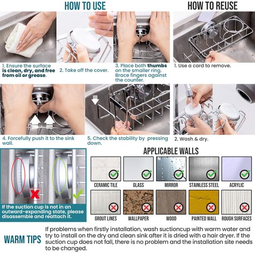 TAILI Sponge Holder with Strong Suction Cup, 4-in-1 Rustproof Sink Organizer - Sink Caddy Holds Sponges, Brushes, Stoppers & Scrapers -Silver