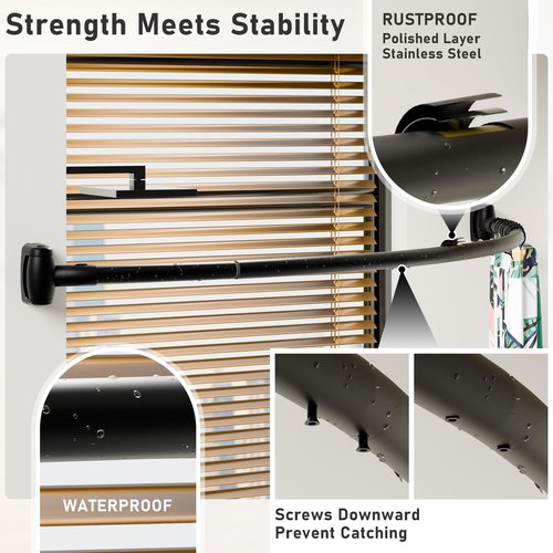 DYHOME Curved Shower Curtain Rod, Need to Drill, 35-76 inches Adjustable Curved Shower Rod Rustproof Shower Rod Round Shower Curtain Rod for Bathroom, Bathtub, Stall, Stainless Steel, Black