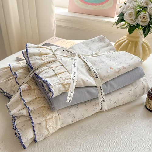 AMZTOP Rabbit Floral Duvet Cover Set 100% Muslin Cotton Gauze Bedding Set,1 Full Size Duvet Cover with 2 Pillowcases with Ruffles,All Season Lightweight Breathable Soft Quilt Covers Baby Kids 80"×90"