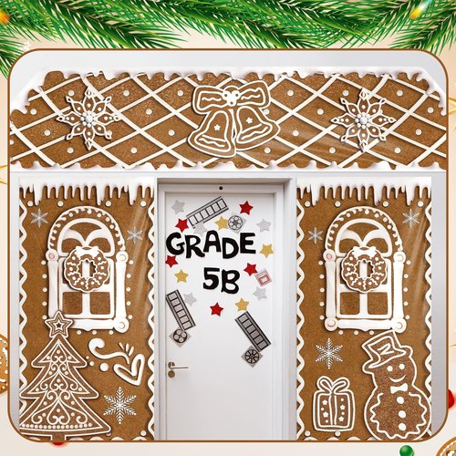 HunnmingRe Christmas Gingerbread House Decorations - 3 Pcs Door Covers & Backdrop for Holiday Photography | Snowflakes Style