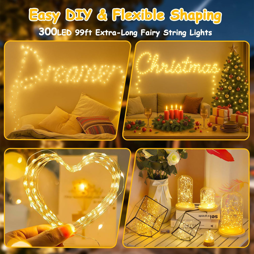 Skiennix 300 LED Fairy Lights - Twinkle String Lights with Remote & Timer | 99ft Bendable Silver Copper Wire, Warm White Decor for Weddings & Parties